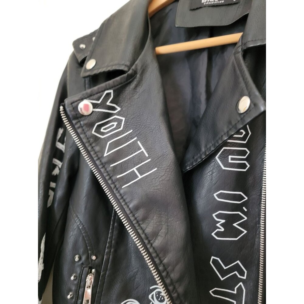 BLUE B Black Vegan Leather Graffiti Punk Moto Jacket w/Studded Accents Size S - Picture 7 of 13